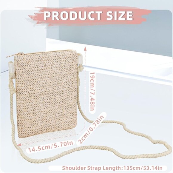 Stylish Straw and Polyester Beige Crossbody Cell Phone Purse with Detachable Rop - Picture 2 of 6
